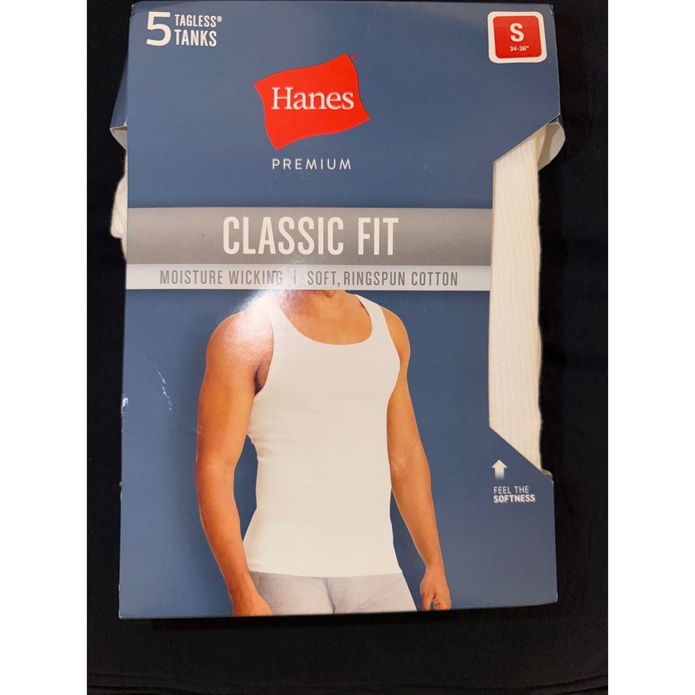 Hanes Premium Mens Tagless Tanks 5 Pack White Cotton Classic Fit Small 34-36